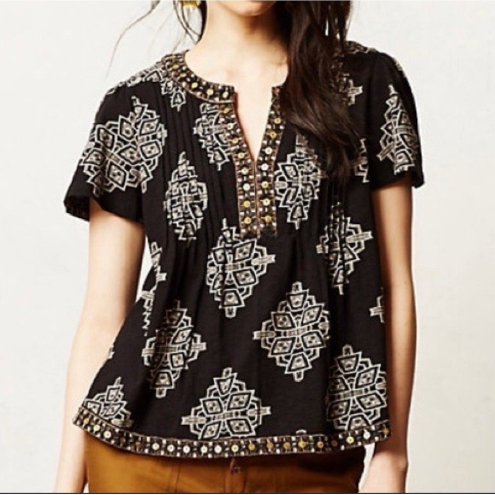 Anthropologie Akemi + Kin Black Ikat Print Beaded Shirt Boho Cotton Size‎ Small